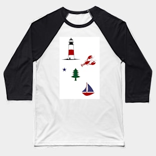 Maine Things -- lobster, sailboat, pine tree flag, lighthouse Baseball T-Shirt